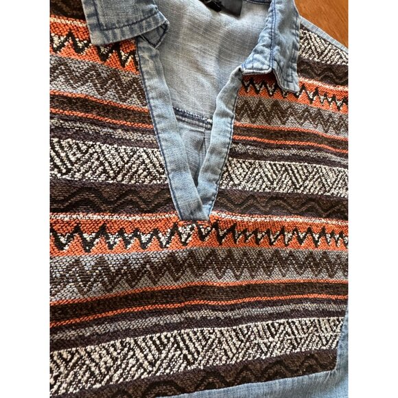 Joh Boho Tunic Dress S Blue Denim Style Fringe Hem Aztec Fabric Yoke - Picture 11 of 14